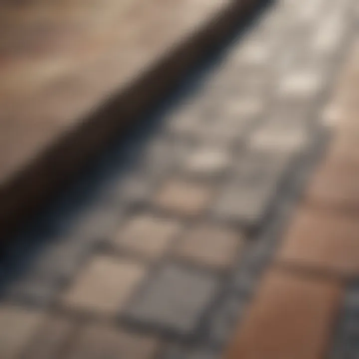 Close-up view of various patio materials including stone, wood, and tiles