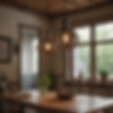 Rustic pendant lights hanging over a dining table