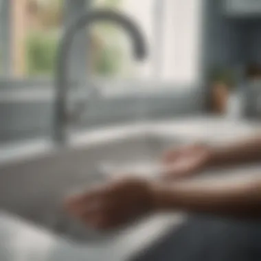 Water Usage in Hand Washing A visual representation of water pouring over dishes in a sink.