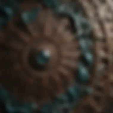 Close-up of decorative elements combining brown and teal