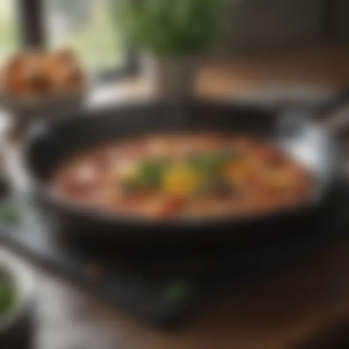 Non-stick skillet showcasing food effortlessly sliding