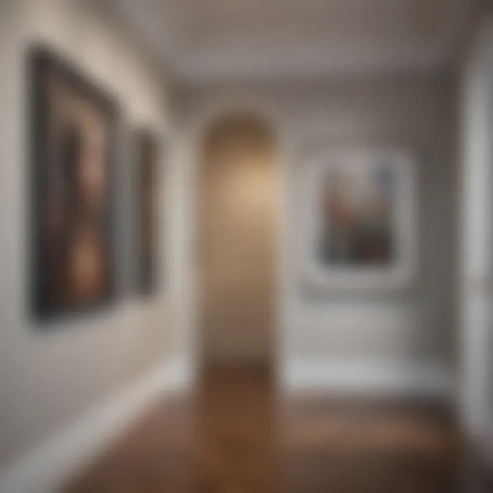 A gallery wall featuring diverse art styles in an elegant hallway