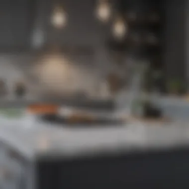 Stylish gray kitchen featuring a marble countertop