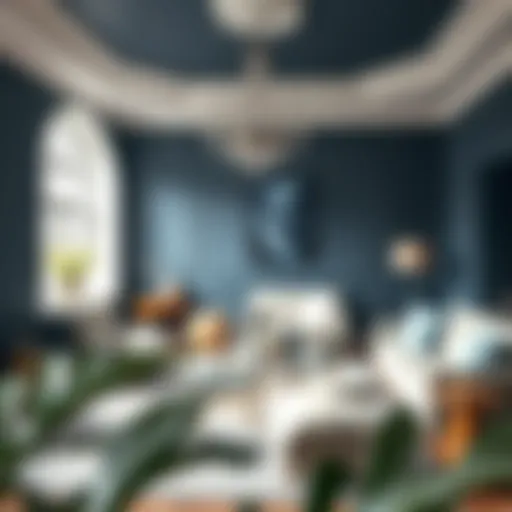 Elegant living room featuring blue grey walls and stylish furnishings