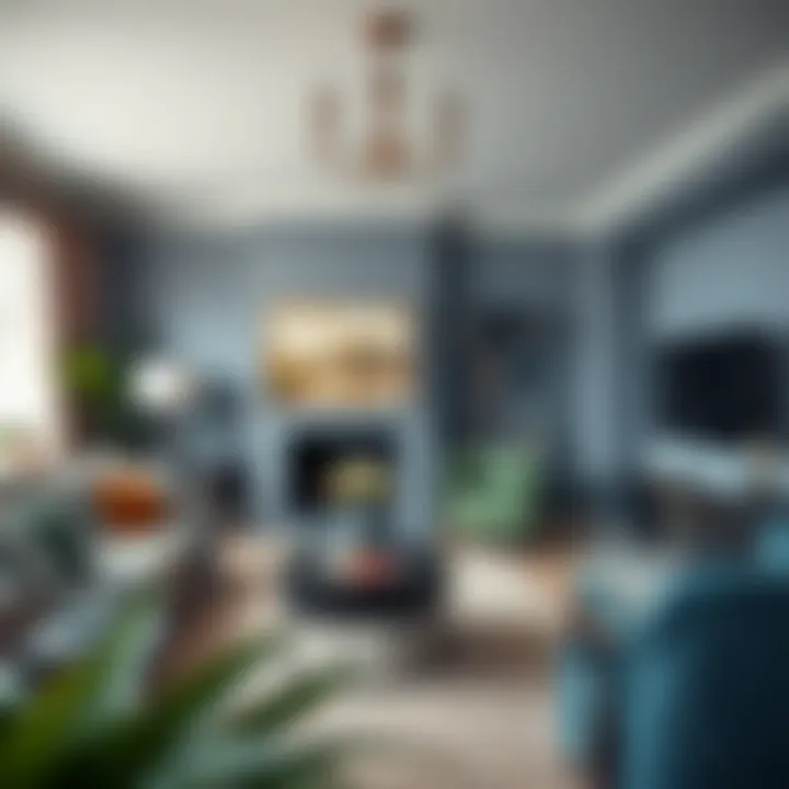 Before and after transformation of a living room with blue grey paint