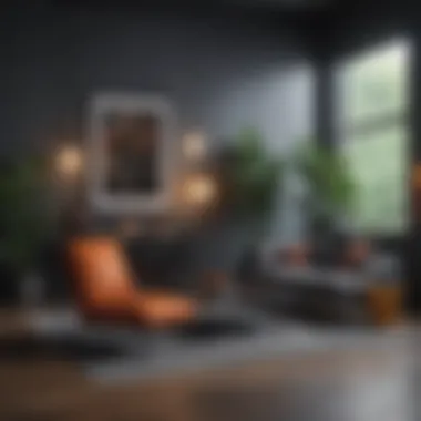 Aesthetic pairing of dark gray furniture with vibrant accents