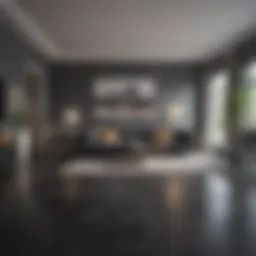 Elegant living room featuring dark grey flooring