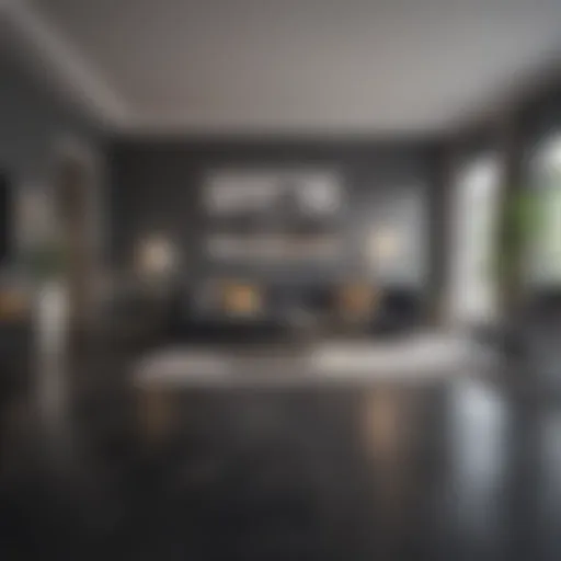 Elegant living room featuring dark grey flooring