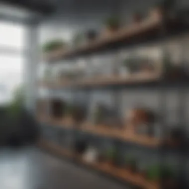 Industrial-style shelving made of metal and wood