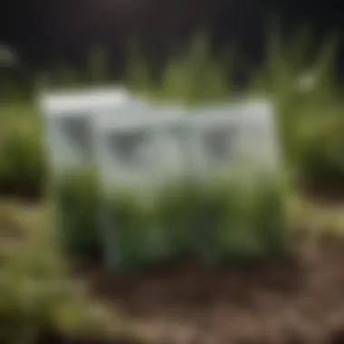 Close-up of grass seed packets with labels indicating growth rates
