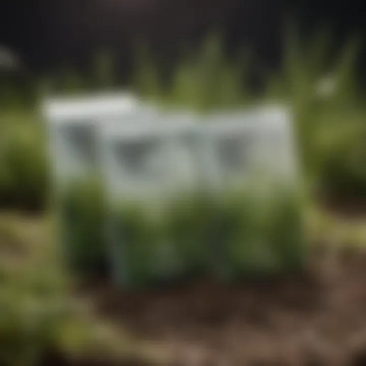 Close-up of grass seed packets with labels indicating growth rates