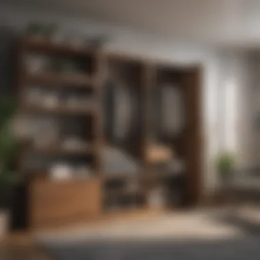 A cozy bedroom with a stylish shelving wardrobe fitted into the decor