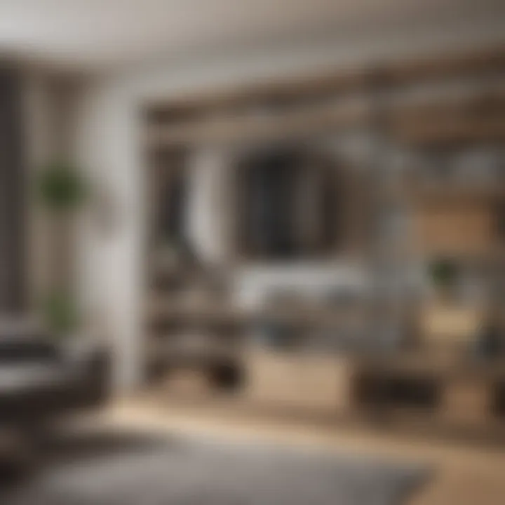 A minimalist living space featuring a sleek shelving wardrobe