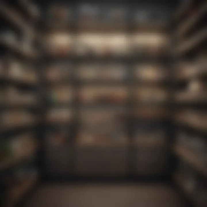 Detailed view of organized shelving compartments with decorative items