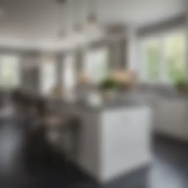 Chic charcoal gray kitchen island enriching bright white cabinet space