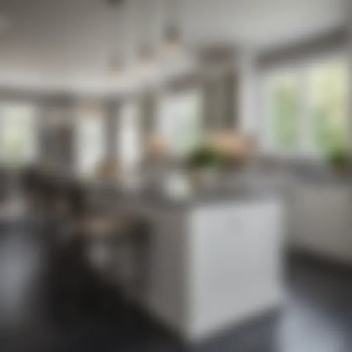 Chic charcoal gray kitchen island enriching bright white cabinet space