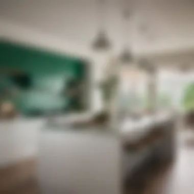 Vibrant emerald green kitchen island complementing white kitchen setup