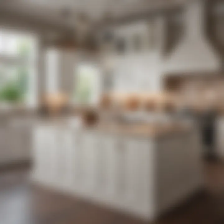 Warm taupe kitchen island harmonizing with classic white cabinetry