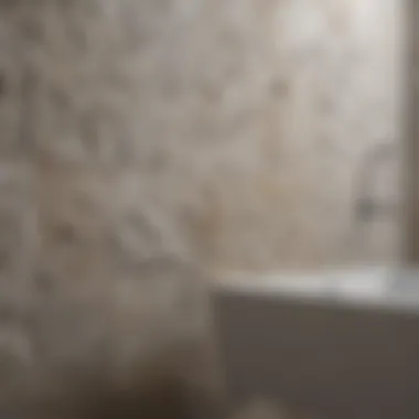 Close-up view of textured large format tiles in a bathroom setting