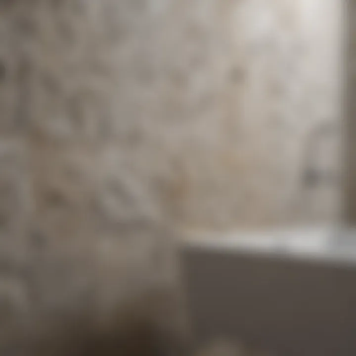 Close-up view of textured large format tiles in a bathroom setting