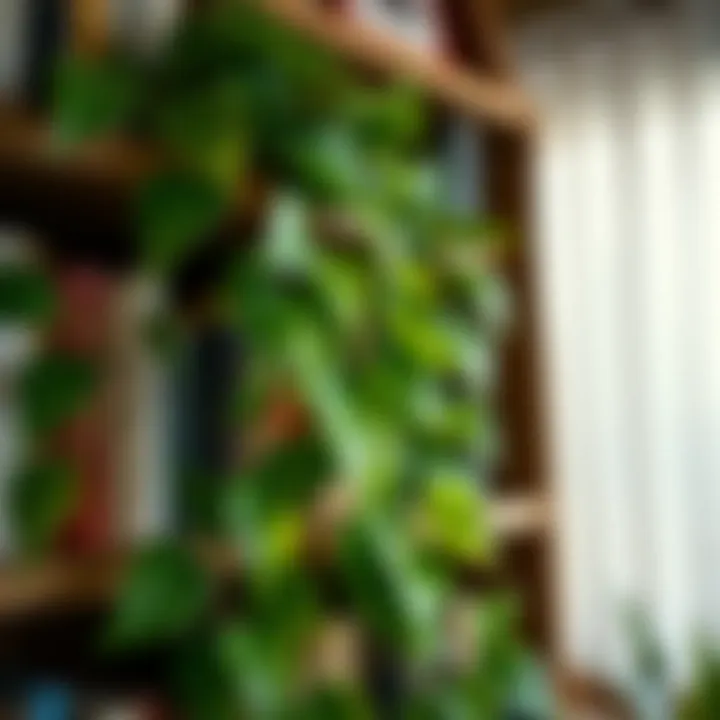 Pothos: The Versatile Climber for Indoor Spaces A close-up of a lush Pothos vine cascading down a bookshelf.