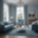 A serene living room painted in soft blue tones.