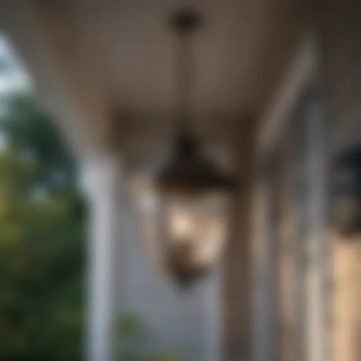 Elegant outdoor hanging light fixture illuminating a front porch