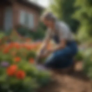 Tending a Vibrant Flower Bed Gardener tending to a vibrant flower bed