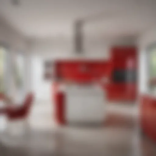 Elegant red and white kitchen featuring modern appliances and striking color balance