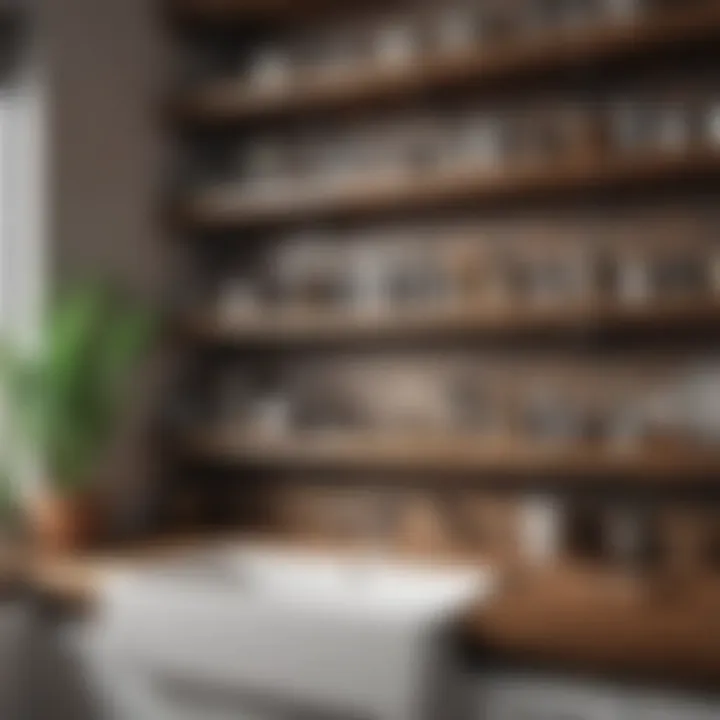 Stylish combination of open shelving and decorative elements in a farmhouse bathroom.
