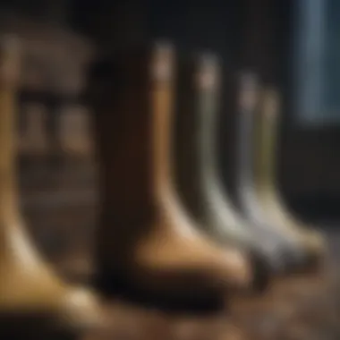 Variety of materials used in short Wellington boots displayed together