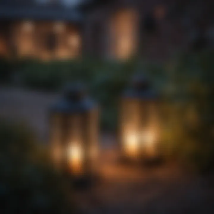 Solar lanterns creating an ambient glow during twilight