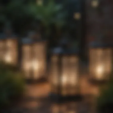 A variety of stylish solar lanterns displayed in a garden