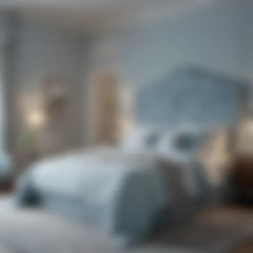 A serene light blue bedroom with elegant decor