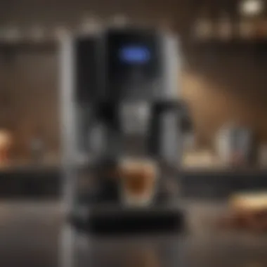 A coffee maker with highlighted features and specifications