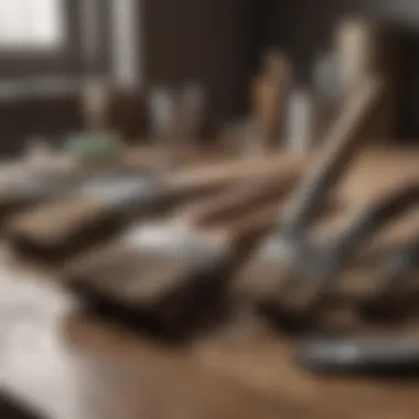 A variety of paint brushes and tools laid out on a work surface