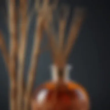 Close-up of sandalwood reed diffuser showcasing intricate design and natural reeds