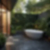 Luxurious outdoor bathroom with a soaking tub surrounded by greenery