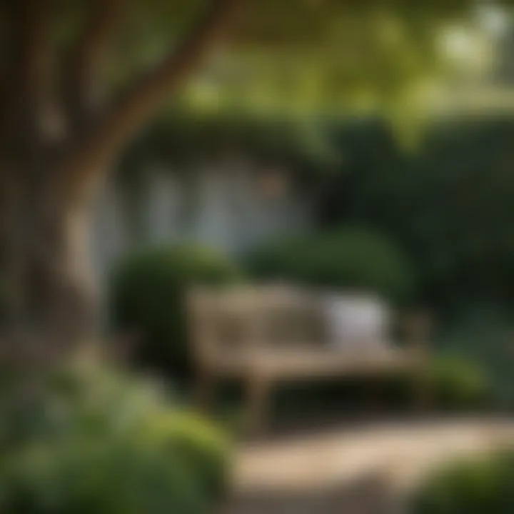 A serene garden setting featuring an English garden bench under a shady tree