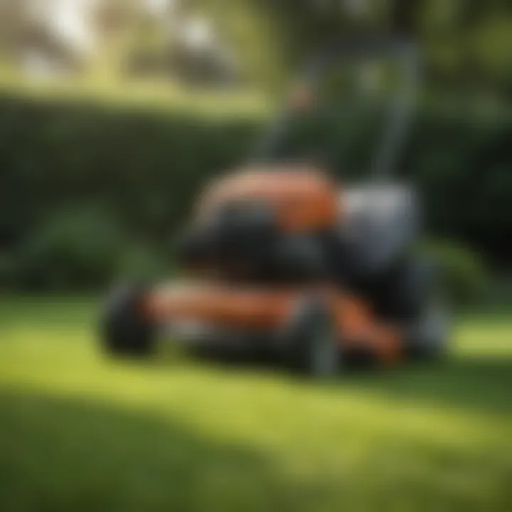 Demonstration of the lawn mower in action on a lush green lawn