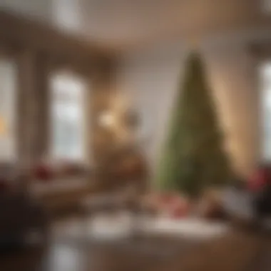 A festive living room featuring a large Christmas tree as the centerpiece