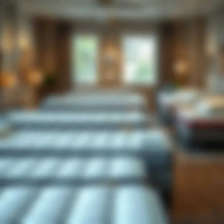 Showroom Display of Firm Mattresses Various firm mattresses displayed in a showroom setting