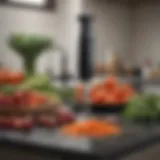 A sleek handheld immersion blender on a countertop amidst fresh vegetables