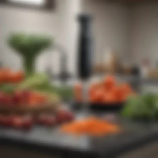 A sleek handheld immersion blender on a countertop amidst fresh vegetables