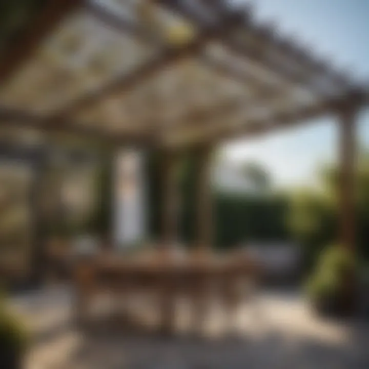 Charming outdoor dining space featuring a pergola with retractable canopy