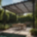 Elegant pergola showcasing retractable canopy in a lush garden setting