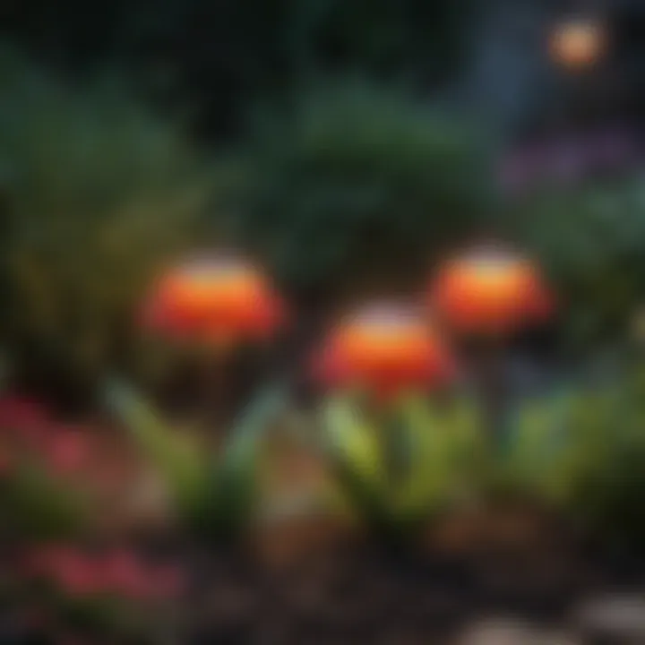 Vibrant solar stake lights adding color to flower beds