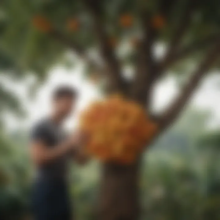 An exotic fruit being harvested from a unique tree showcasing its distinct shape