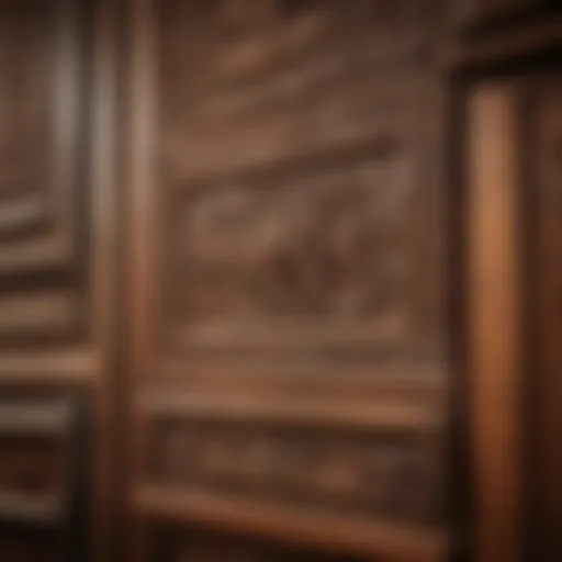 Elegant vintage wooden kitchen cabinet showcasing intricate carvings and warm tones.