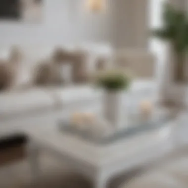 White coffee table with decorative elements in a stylish living room